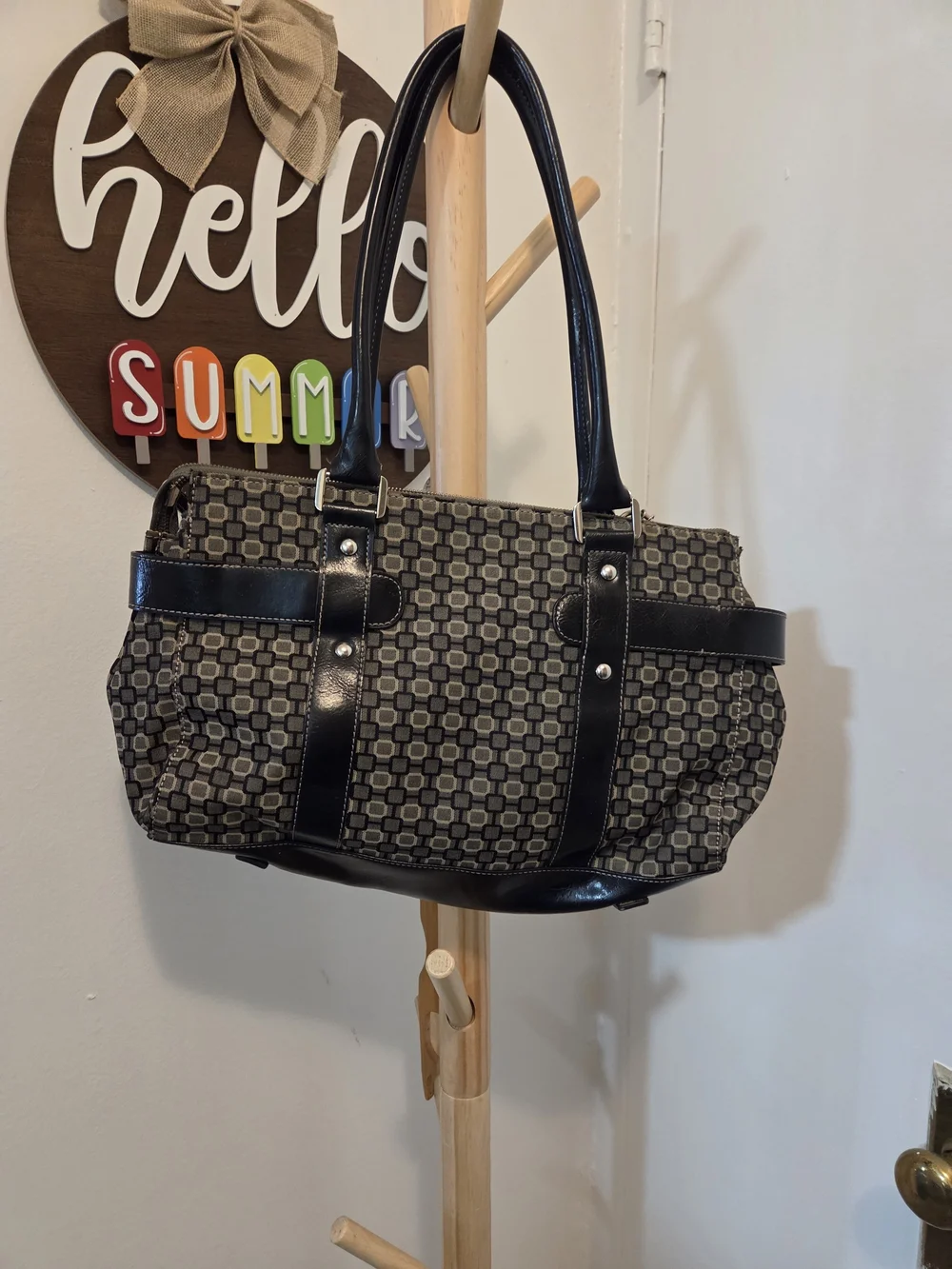 Nine West Black and Tan Patterned Shoulder Bag with Buckle Straps